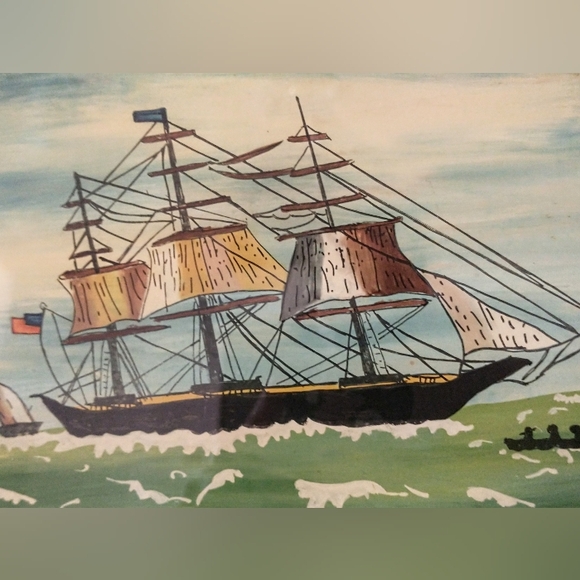 RARE FIND!! Antique Reverse Painting on Glass - 3 Glass Stenciled - Picture 2 of 13